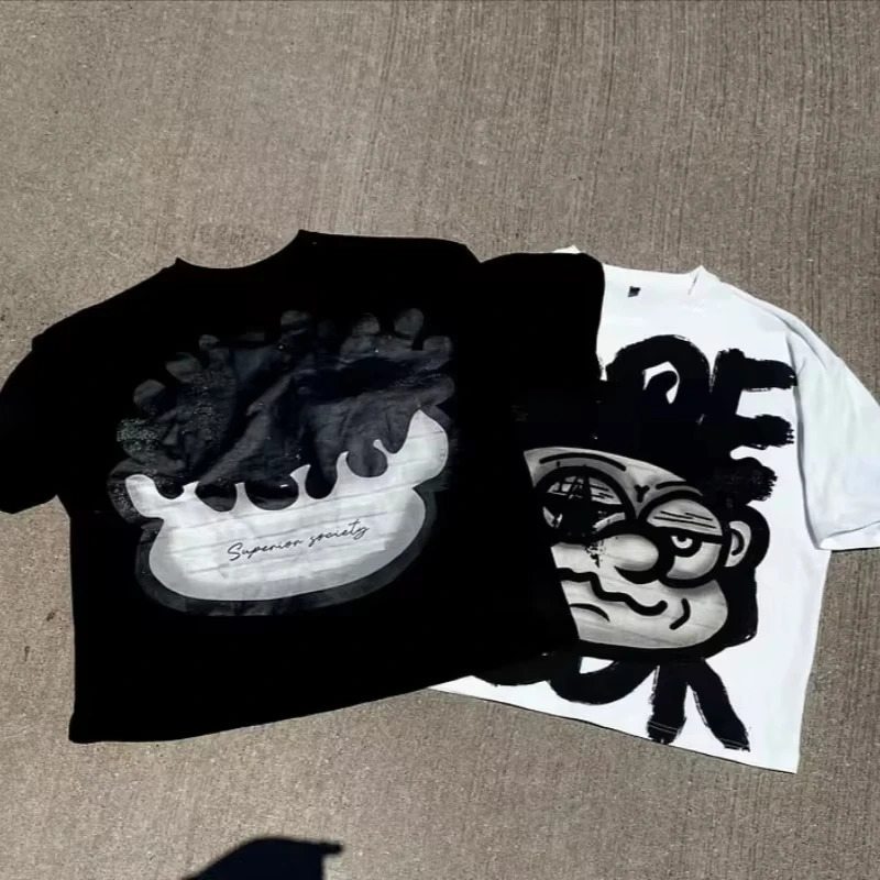 Vintage Big Face Graphic Print Cotton T-Shirt Men Y2K Summer Short Sleeves Vintage Oversize Tshirt Streetwear Women Tops 250106