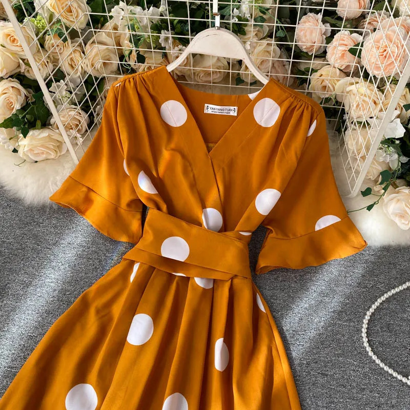 YuooMuoo Fashion Polka Dot Printed Womens Wear 2025 Elegant Retro Bandage Ultra Thin Waist Big Swing Long Sleeve Party Dress 250103