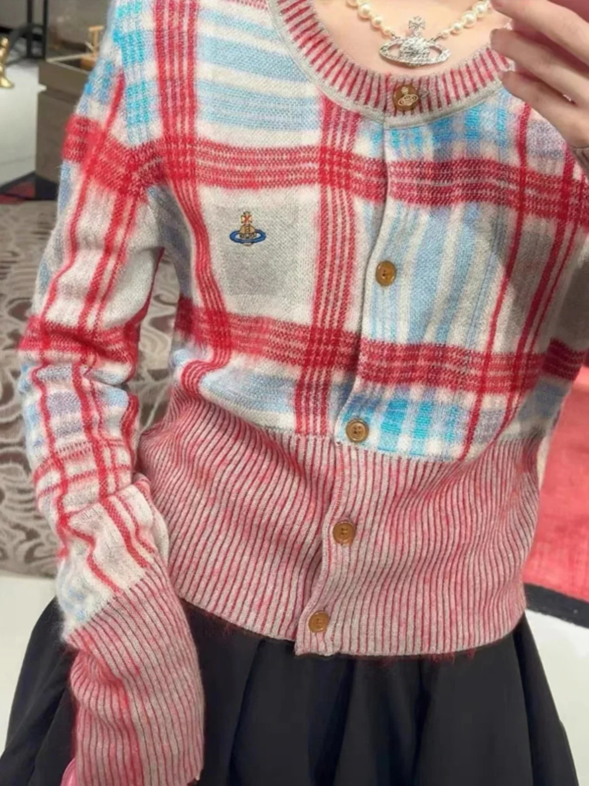 High Quality Fashion Punk Style Cardigan Slim Fit Sweater Warm Winter Clothes Planet Embroidery Plaid Knitwear Outerwear Women 250102 - view 7