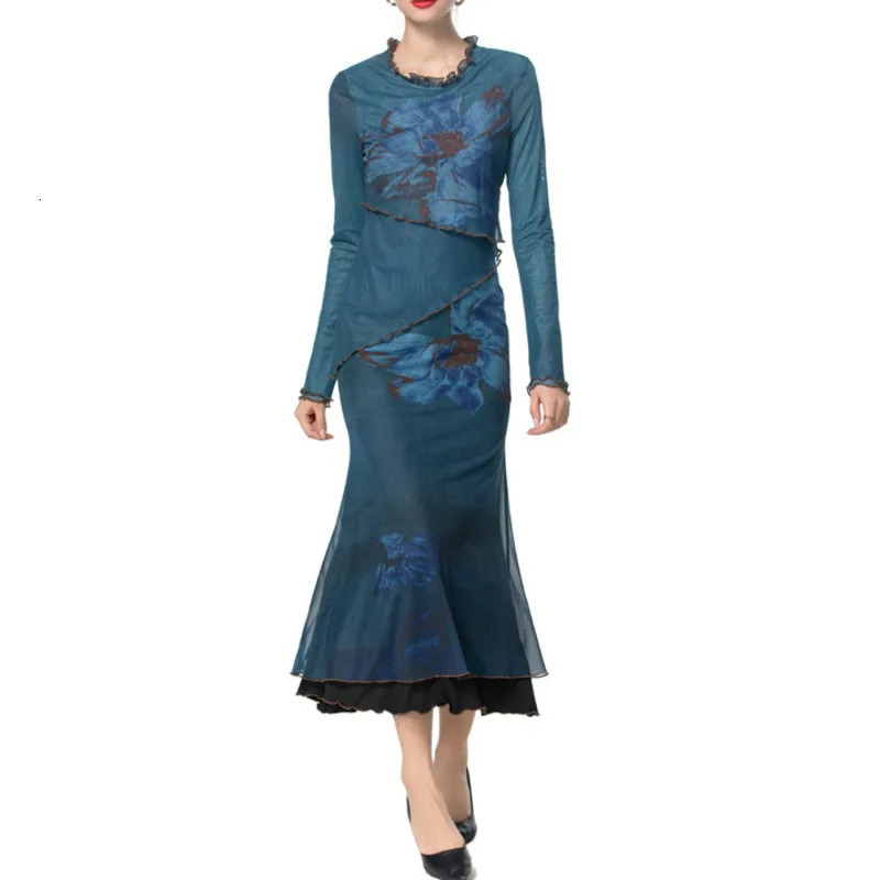 QMQA Fashion Womens Elegant Printed Dress Lace Collar Lace Upper Waist Elastic Bottom Weight Loss Dress 2025 Womens A693 250103