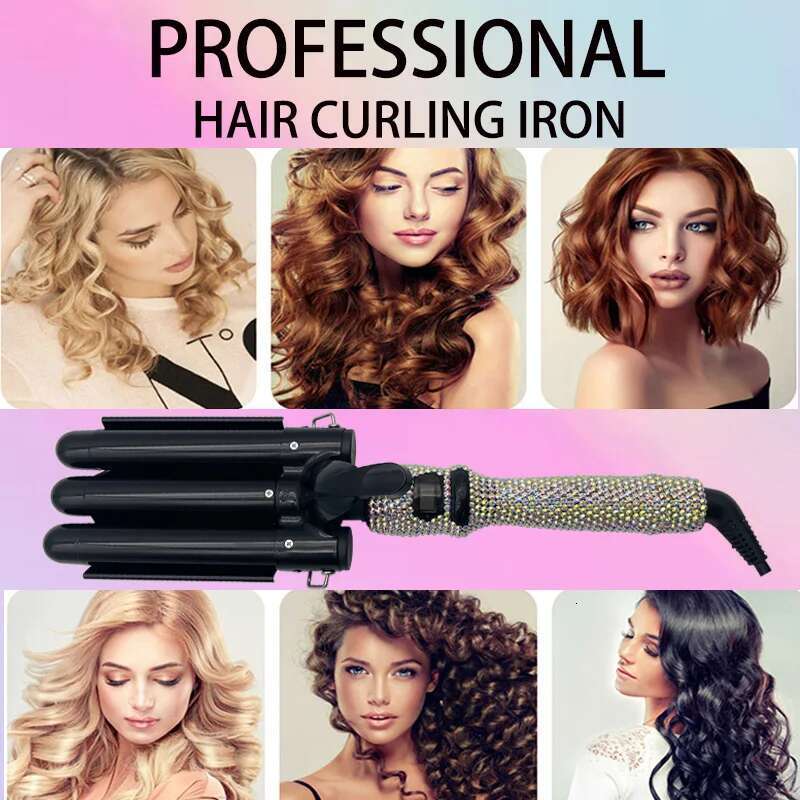 Curg Weave Iron Wand with Rhies Three Barrel LCD Temperature Display 1 Inch Ceramic Triple Barrels Crimp for Long Hair