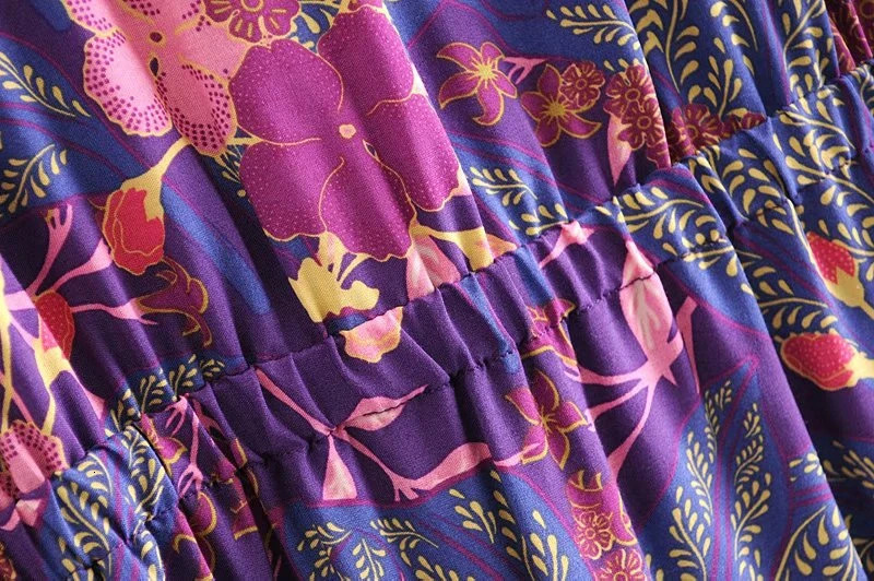 Happy Queens Womens Purple Printed Button V-neck Bohemian Mini Dress Womens Long Sleeve Elastic Waist Rayon Bohemian Dress 250103