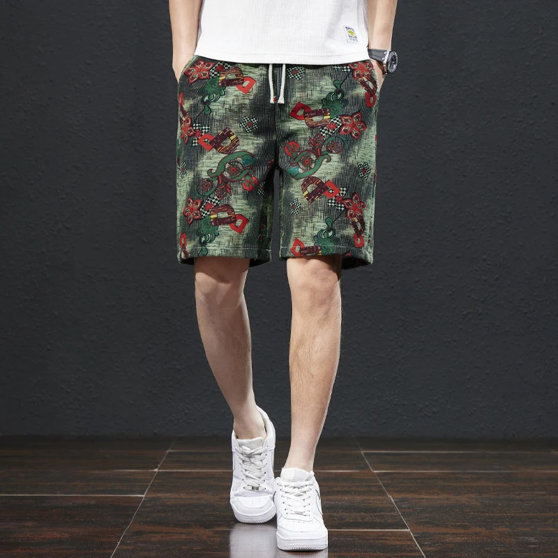 Summer Chinese Style Printed Beach Pants Mens Loose Trendy Capris Street Leisure Outdoor Shorts 250103