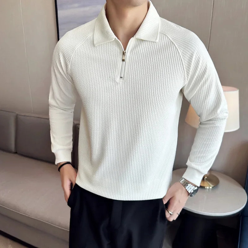 Mens high elasticity long sleeved polo shirt autumn and winter knitted floral collar slim fit solid casual T-shirt 250103