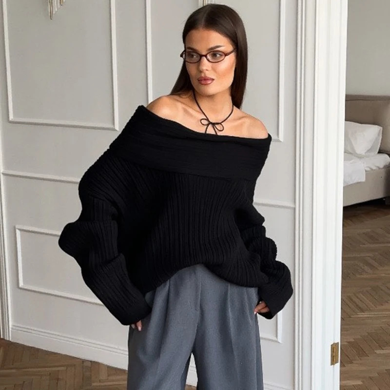 Trendix Off Shoulder Sweater Womens Winter Solid Loose Knitted Long Sleeve Tops Female Street Fashion Oversized Pullover Women 250103