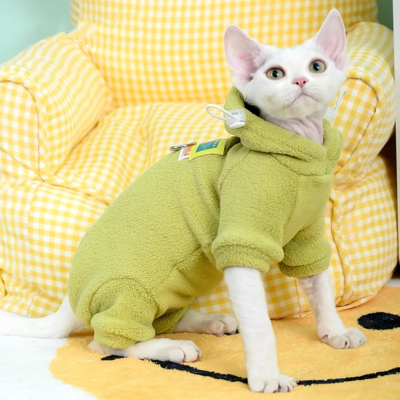 Fleece 4-legged Soft Sweater for Sphynx Cat Winter thick Warm Hooded Red Green Sweatshirt for Kittens Devon Rex coat in Autumn 250106