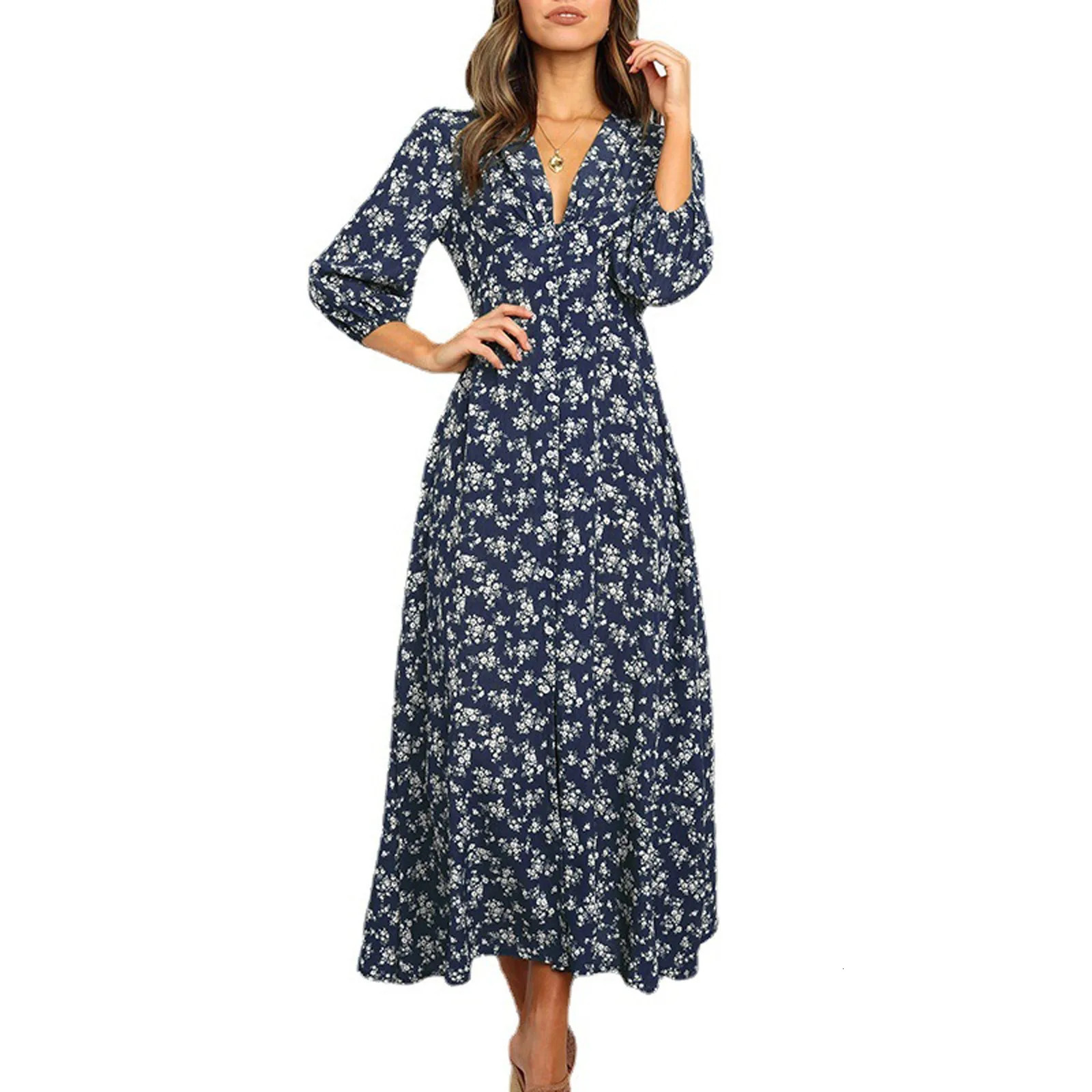 Women Floral Maxi Dress Spring Fall Ladies Long Puff Sleeve Flared Fashion Female Buttons Swing vestidos para mujer 250103