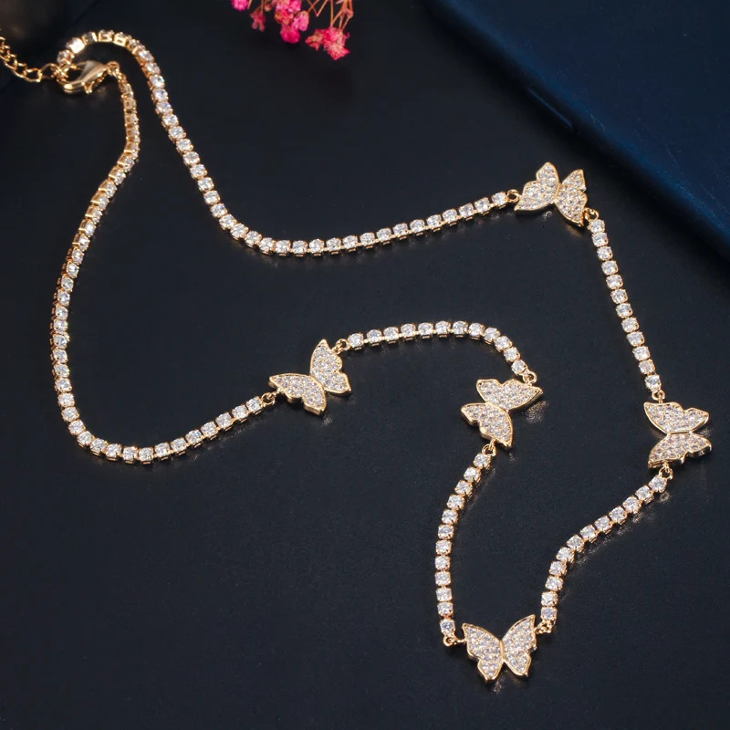 ThreeGraces Trendy White Cubic Zirconia Small Insect Butterfly Choker Necklace Earrings Set for Women Fashionable Jewelry T1017 250102