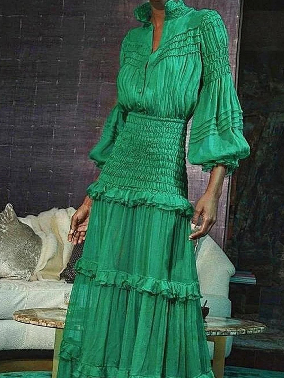 Elegant Long Dress Women Spring Autumn Stand Collar Lantern Sleeve Dress Female Ruffle Tiered Maxi Dress Vestidos Femmes 250103