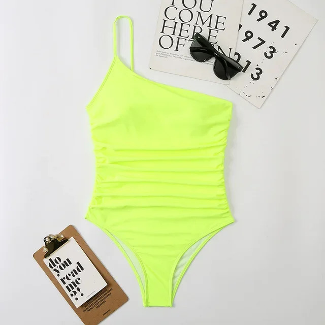 Sexy One Shoulder Piece Swimsuit Women Solid Black Neon Green Push Up Padded Bathing Suit Pleate Swimwear Monokini 250106