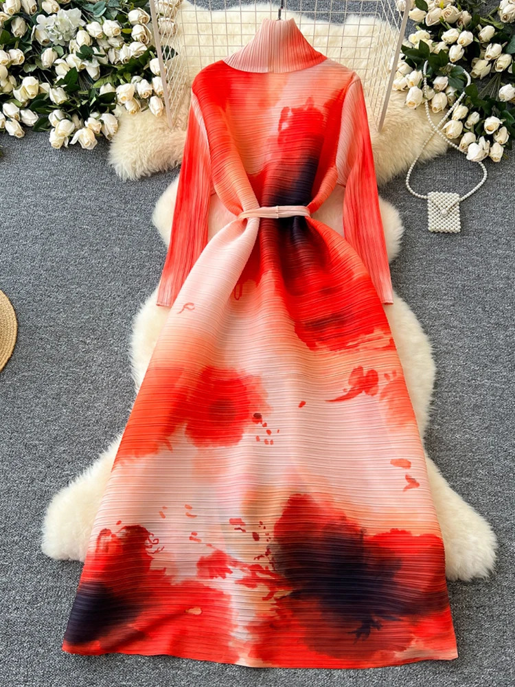 XFPV elegant style long sleeved lapel waist pleated belt printed womens Vestidos Y2k Korean fashion autumn 2025 250103