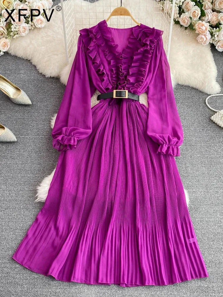 XFPV Vintage Solid Ruffles Patchwork Puff Long Sleeve Belt Dress Women Elegant Pleated Vestido 2025 Spring Summer SM5508 250103