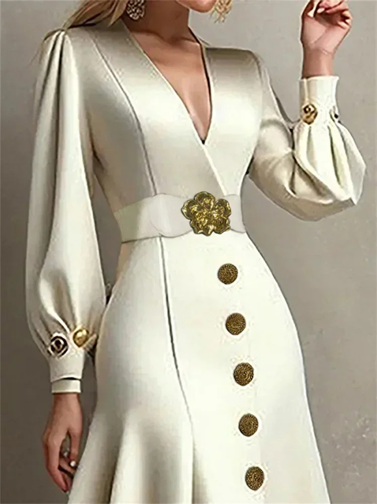 UOOZEE 2025 autumn belt elegant party evening dress womens fashionable button V-neck pleated formal banquet A-line dress 250103