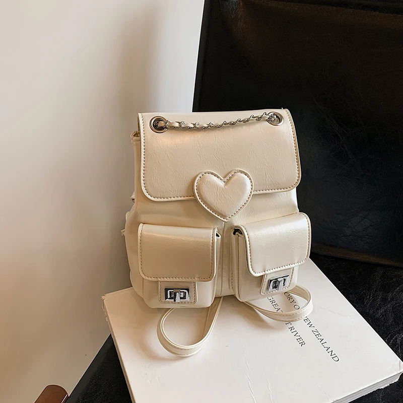 Stylish Bright Silver PU Backpack Solid Heart High Quality Versatile Two-purpose Shoulder Bags for Women Fashion Chains Bag 250102
