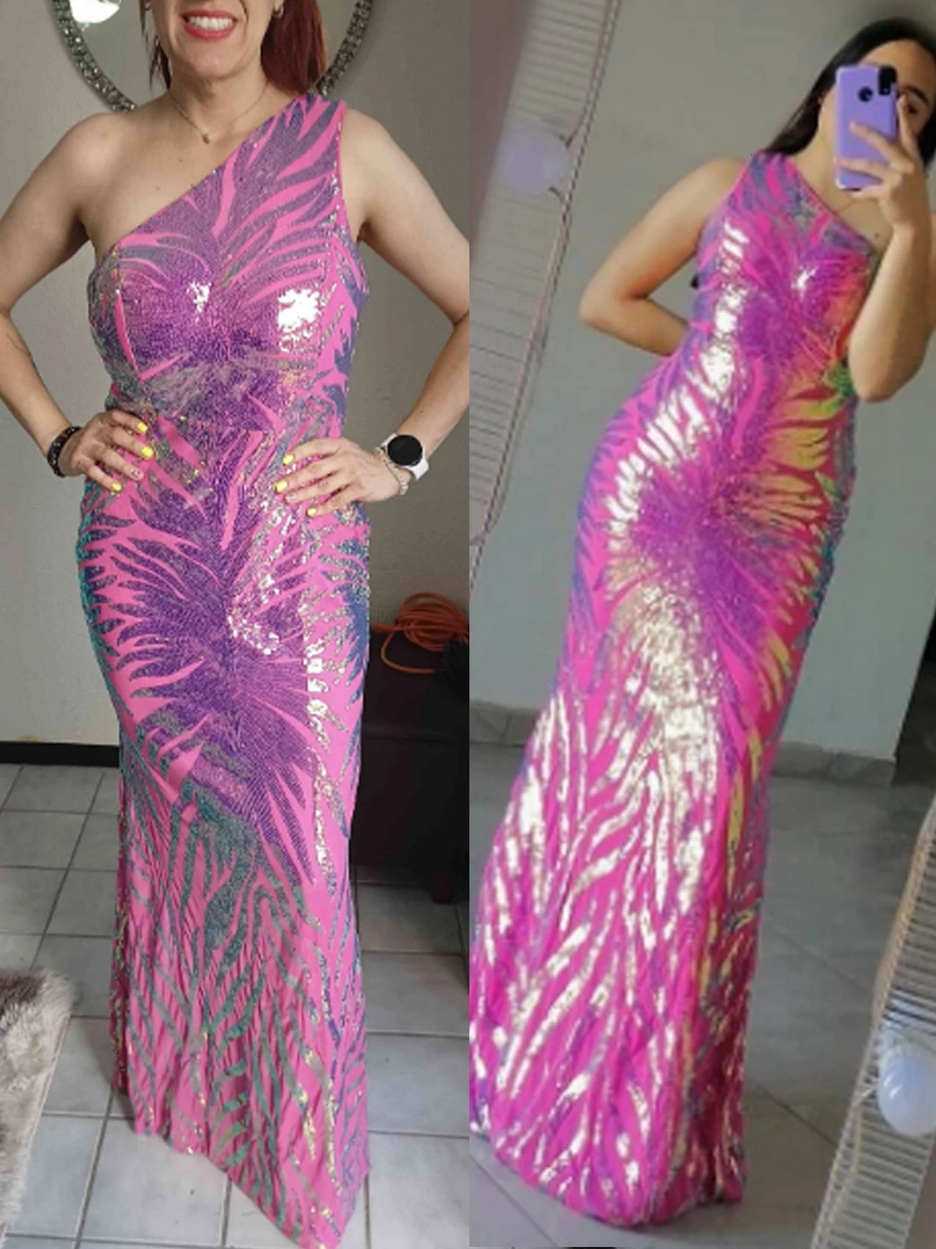 Lavender Pink Single Shoulder Sparkling Maxi Dress Sleeveless Evening Dress Party Ball Dress 250103