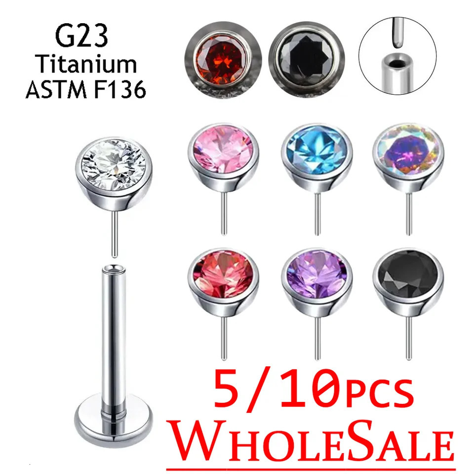 Wholesale F136 Earrings Threadless 5mm top Zircon Nose Piercing Push Pin Lip Studs Labret Nostril Rings Fashion Jewelry 250103