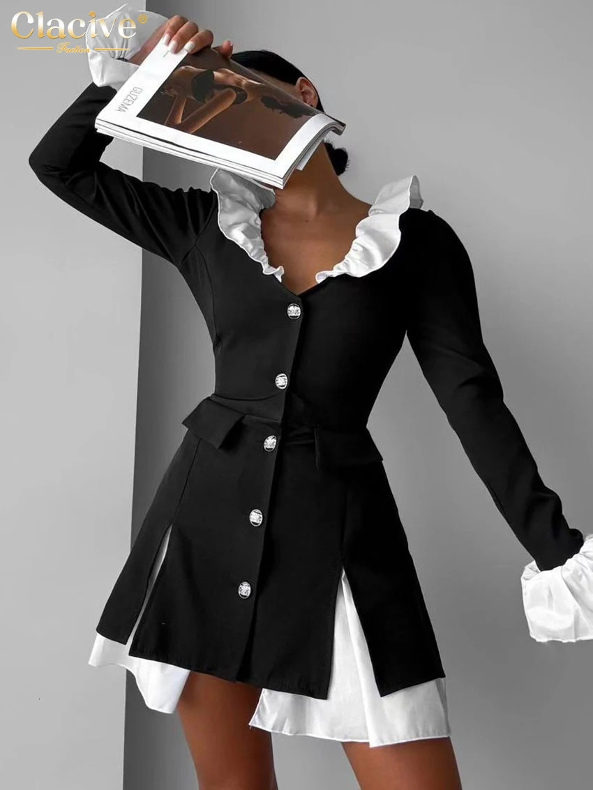 Clacive Fashion ultra-thin black patch work womens clothing 2025 Bodycon lapel long sleeved mini dress elegant classic womens clothing 250103