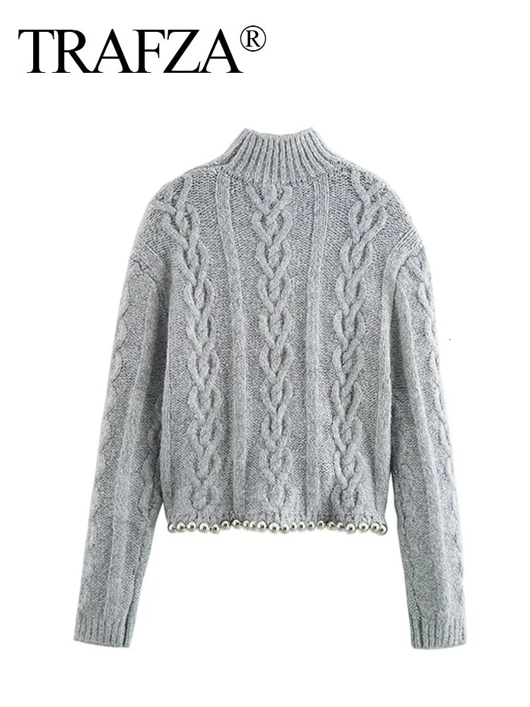 TRAFZA Women Spring Casual Knitted Tops Solid High Collar Long Sleeves Beading Decorate Pullovers Female Fashion Sweater 250103
