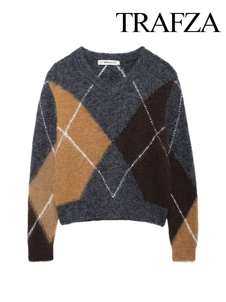 TRAFZA Womens Autumn Winter Fashion Plaid Contrast Print VNeck Long Sleeve Sweater Female Elegant Casual Pullover 250103