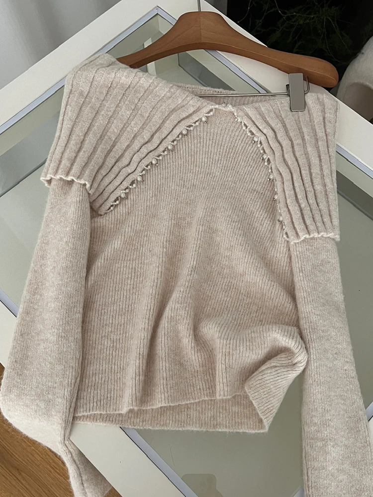 Winter Women Shoujo Old Money Long Sleeve Crop Sweaters French Off Shoulder Knitwear 2000s Aesthetic Y2k Design Coquette Gyaru 250103