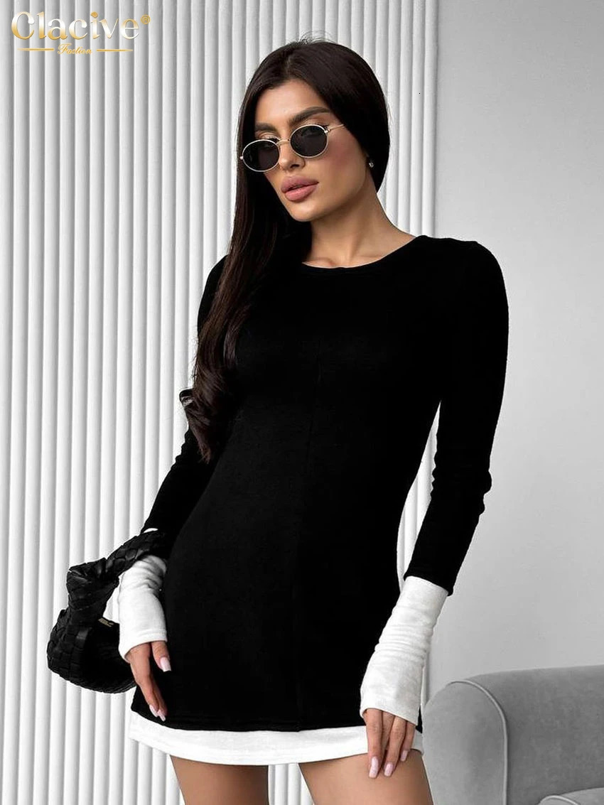 Clacive Bodycon Black Knitted Womens Wear 2025 Fashion O-neck Long Sleeve Mini Dress Elegant Classic Patchwork Womens Wear 250103