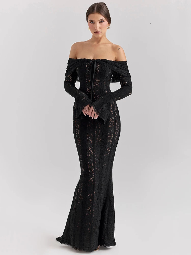 Mozision Lace Offshoulder Sexy Maxi Dress Women Strapless Backless Long Sleeve Bodycon Evening Club Party Elegant 250103