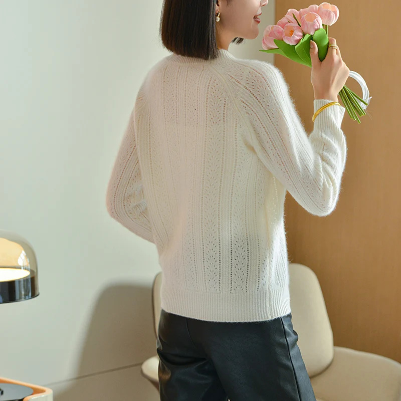 Cashmere Pullover Sweater AutumnWinter Casual Hollow Knit Loose Round Neck Ladies Tops Thickened 100% Pure Wool Blouse 250103