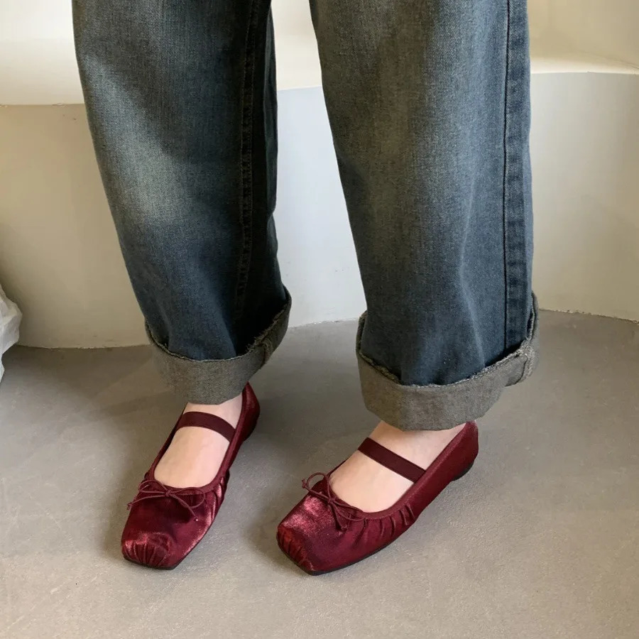 Soft Shoes Woman Flats Casual Female Sneakers Bow-Knot Square Toe Dress Ballerinas Summer Butterfly Spring Silk Solid Mary J 250106