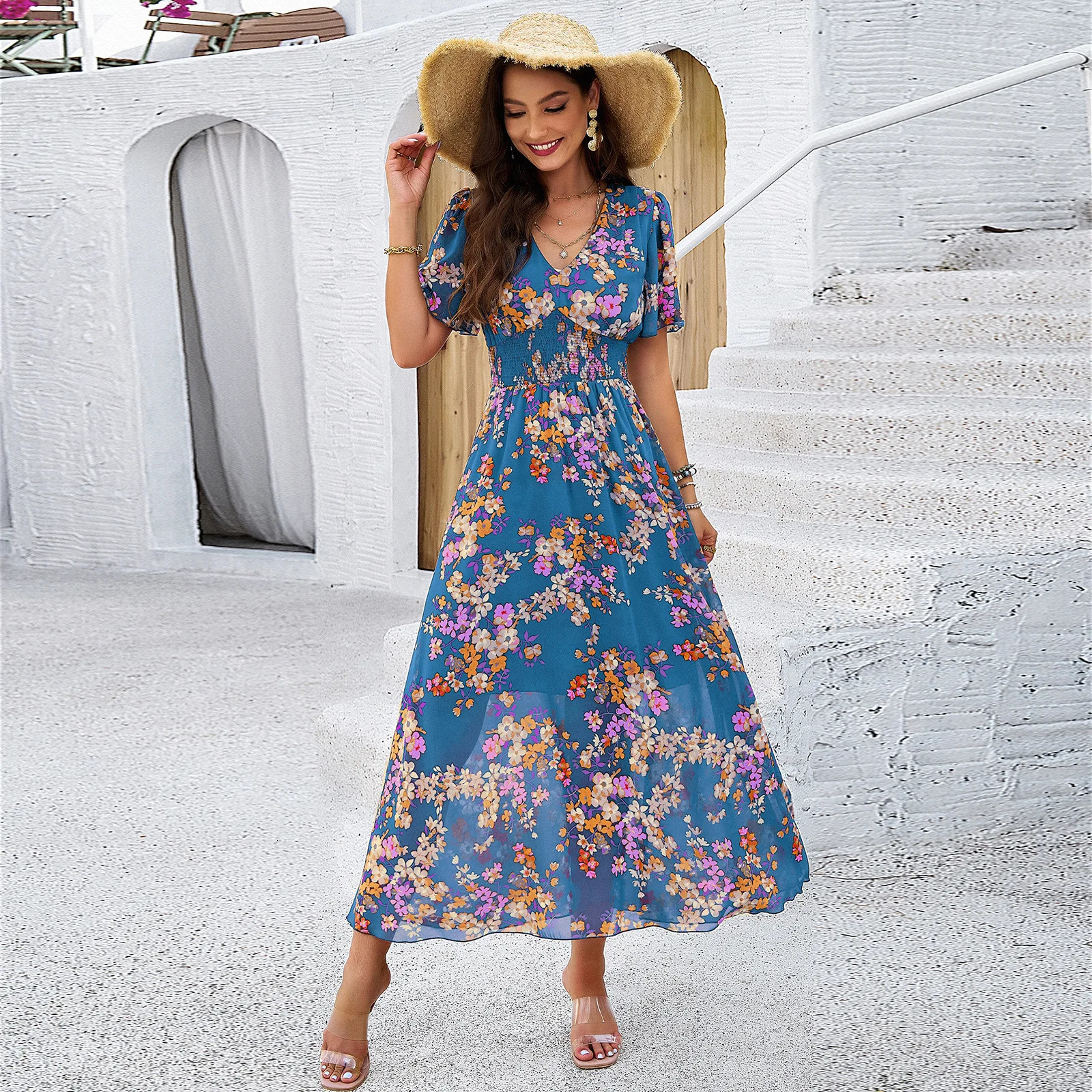 2025 Spring/Summer Womens Beach Dress Shirt with Flower Printed Waist Short Sleeve Ruffle Bottom Dress Womens Summer Long Dress 250103