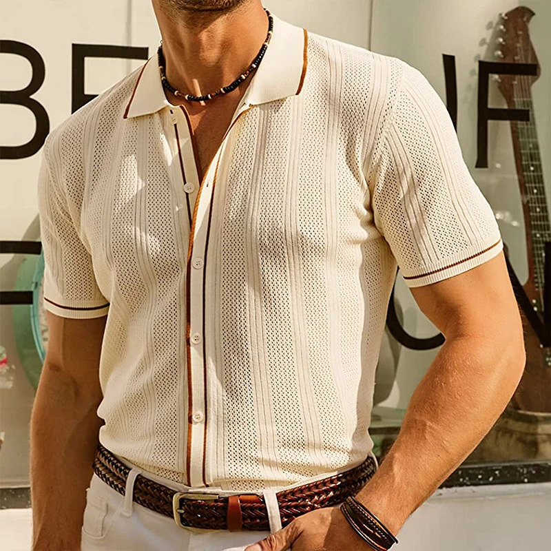 Mens button casual knitted polo shirt streetwear retro solid color long sleeved fashion patched work knitted 250103