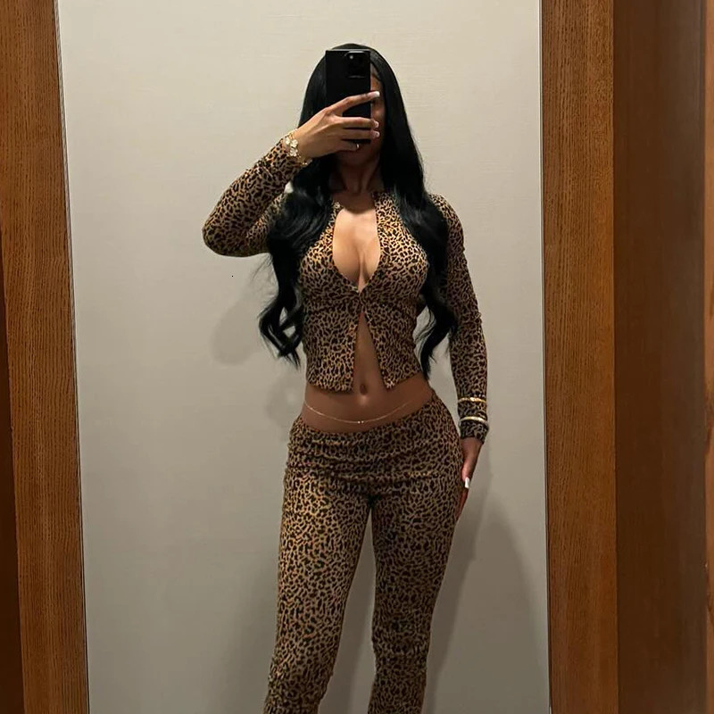 Club Sexy Leopard Fashion Slim Fit Tops Autumn Long Sleeve Button-up T-shirt Skinny Party