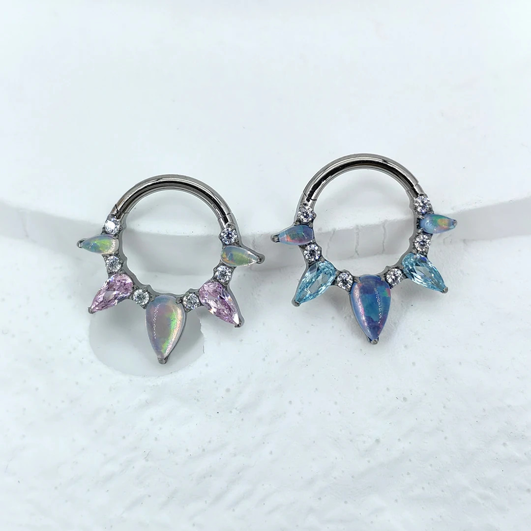 MDNEN ASTM F136 Water Drop Shape Magic Color Opal Clicker Nose Ring Segment Septum Piercing Jewelry 250103