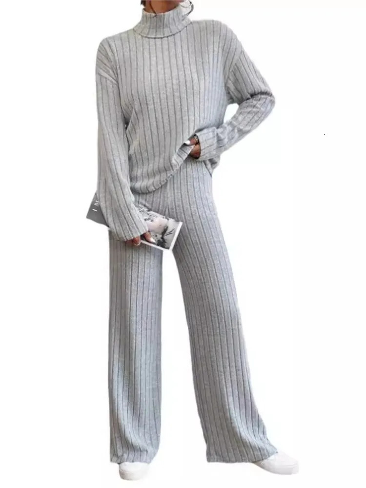 Casual solid color knitted pants set womens long sleeved turtle neck sweater loose mens two-piece set womens autumn and winter style 241230