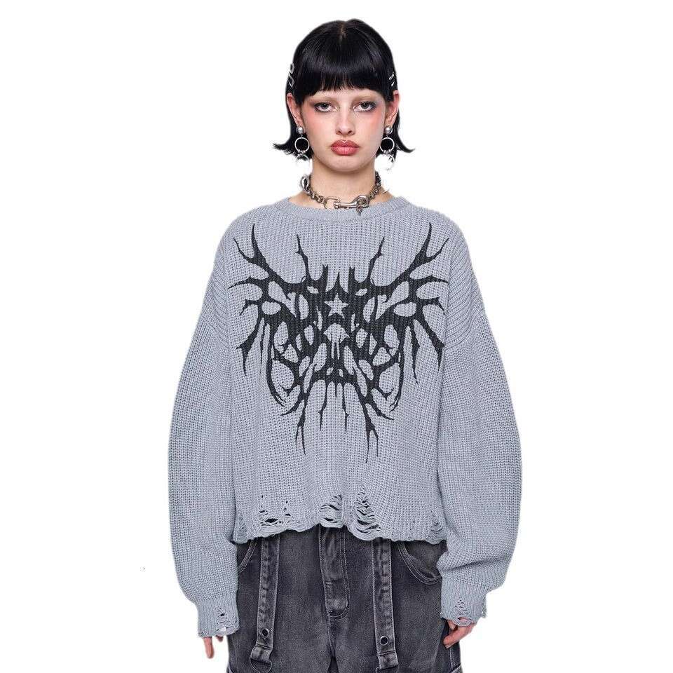 Ins knitted totem pattern jacquard round neck long sleeved high street loose sweater y2k