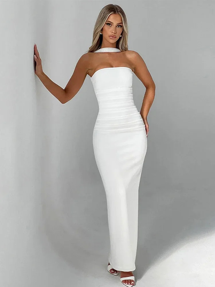 Elegant Strapless Long Dress Woman Mesh Sleeve Scarf Christmas Bodycon Backless Womens Dresses Party Evening Vestidos 250103