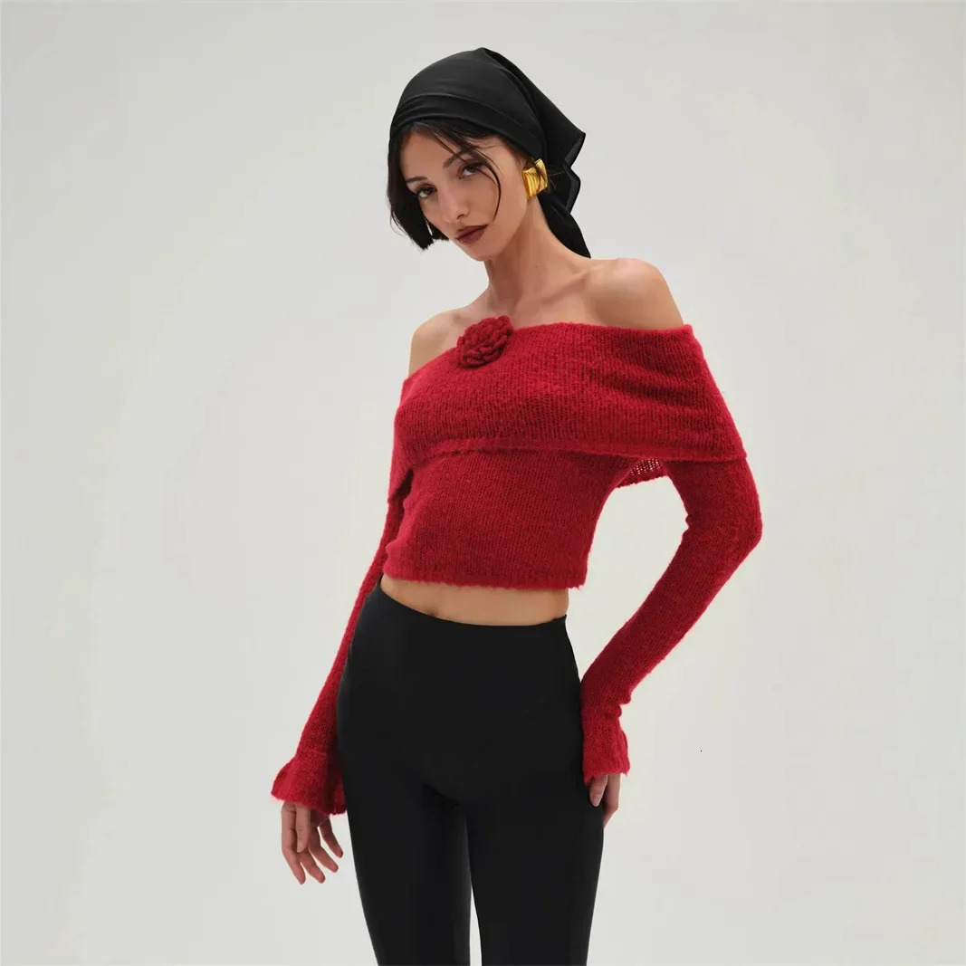 Red One Shoulder Lapel Off Knitted Sweater Top Handmade Flower Autumn and Winter for Women 250103