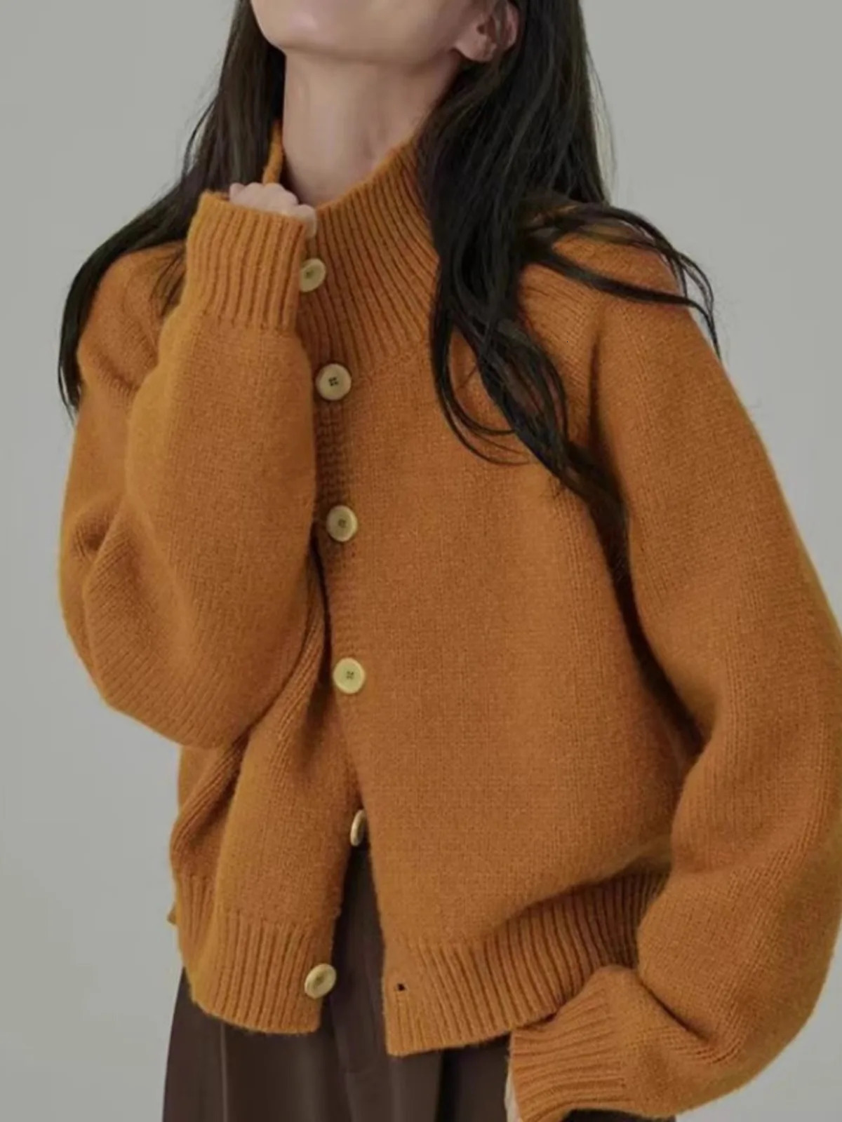 Stand collar 100%pure cashmere sweater womens thick loose knit vintage wool coat 250103