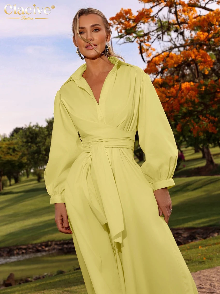 Clacive Fashion loose yellow cotton womens dress 2025 casual lapel long sleeved midi dress elegant classic lace dress 250103