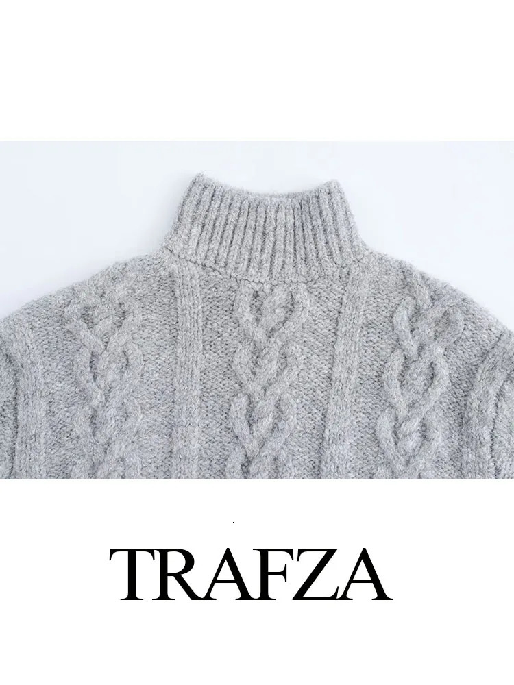 TRAFZA Women Spring Casual Knitted Tops Solid High Collar Long Sleeves Beading Decorate Pullovers Female Fashion Sweater 250103
