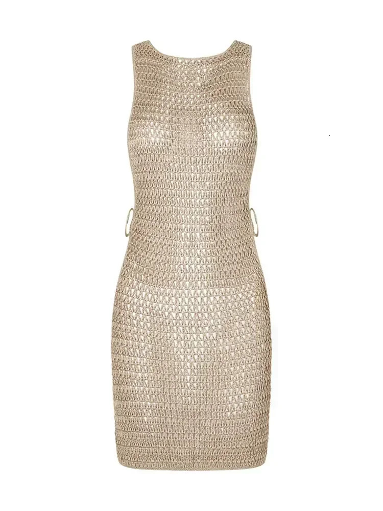 2024 Summer Sexy Slim Beach Mini Dress Women One Neck Cut Out Circle Decoration Tunic Seaside Beachwear Swimsuit Cover Up A2796250103