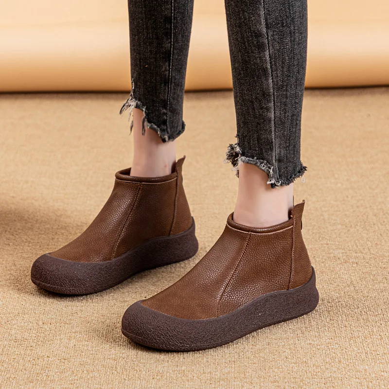 AIYUQI Women Booties Retro Fall Genuine Leather Flat Women Ankle Boots Round Toe Casual Large Size Women Shoes Boots
