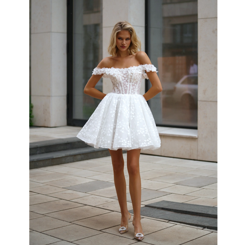 Lace Ivory Wedding Dresses Off-Shoulder Long Sleeves Short Bride Dresses A-Line Button Mini Dress For Women 2025 Robe De Mariee