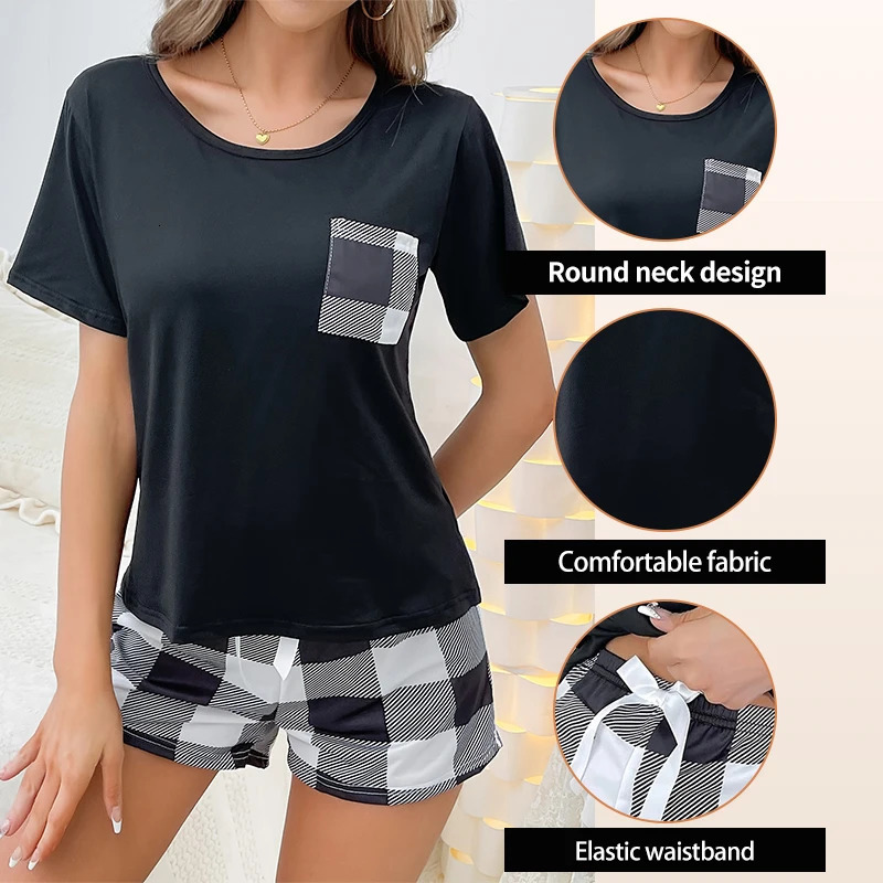 Two Piece Womens Black Checkered Casual Sleepwear Set Short Sleeved TShirt and Shorts Printed 250106