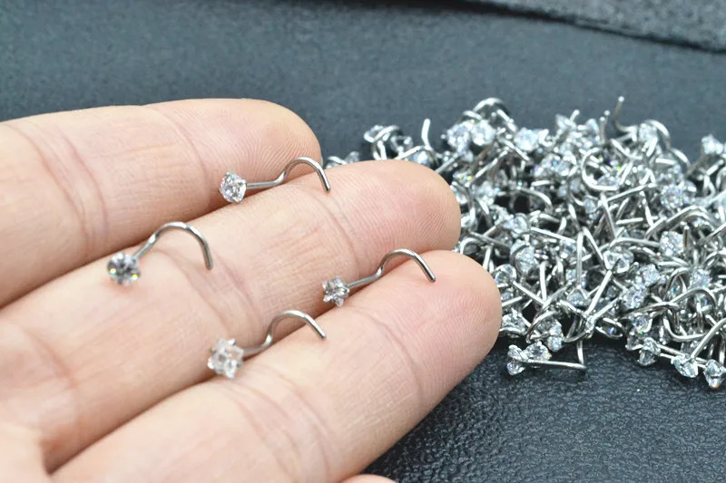 50pcs/Lot CZ Nose Stud Screw Steel Nose Ring Nose Piercing Shine Heart/Square/Round/Star 20G 250103