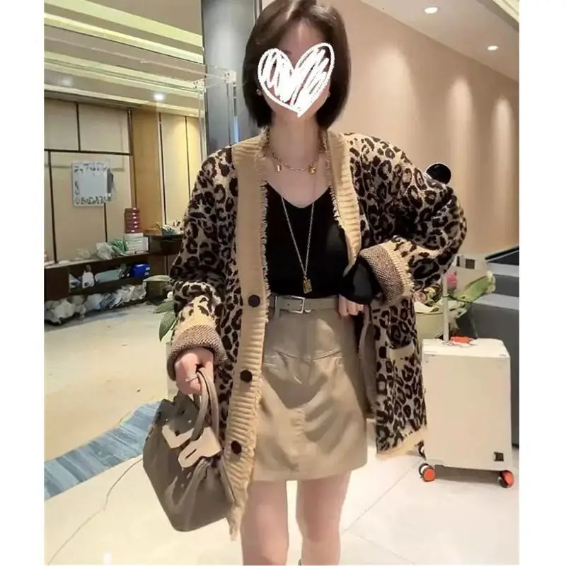 Vneck Tassel Westernstyle Highend Leopard Print Fashionable Retro Lazy Style Sweater Cardigan Womens 250103