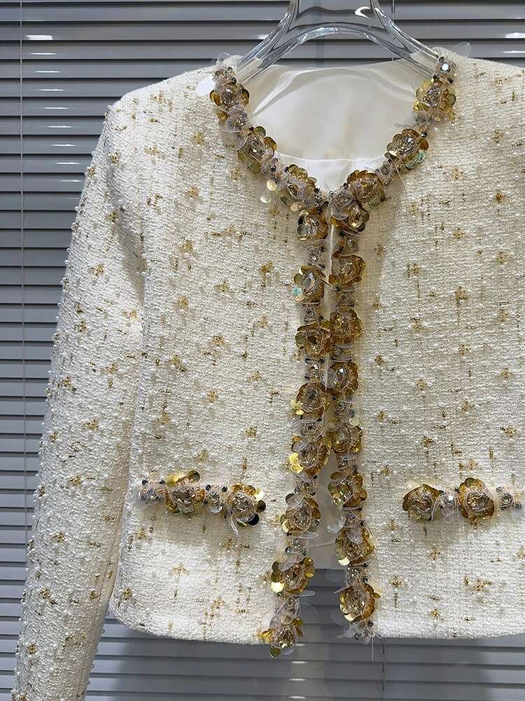 DEAT Fashion New Women's Pearl Sequins Design Tweed Short Coat 2024 Autumn Trendy O-Neck Long Sleeve Jacket Female 29L8474