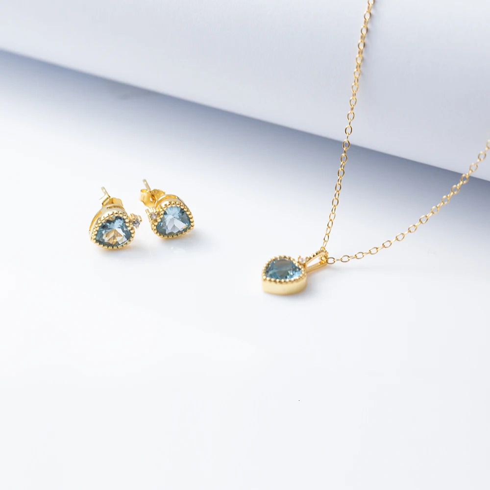 CCFJOYAS 100% 925 Sterling Silver Sapphire Heart Earrings Necklace Set for Women Simple INS Wedding Fine Jewelry Set 250102