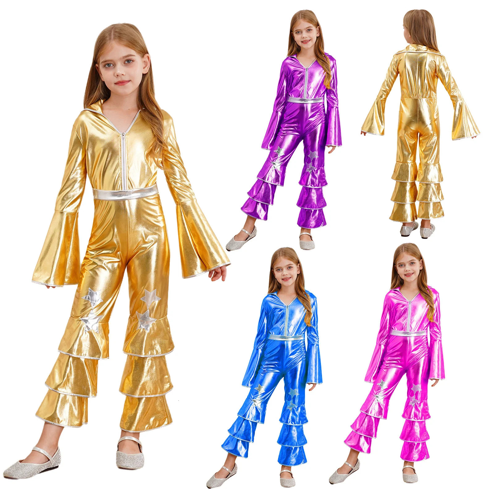 Kids Girls 70s Disco Dance Vintage Jumpsuit Metallic Shiny Flare Sleeve Ruffle Bell Bottom for Halloween Theme Party Cosplay 241230z