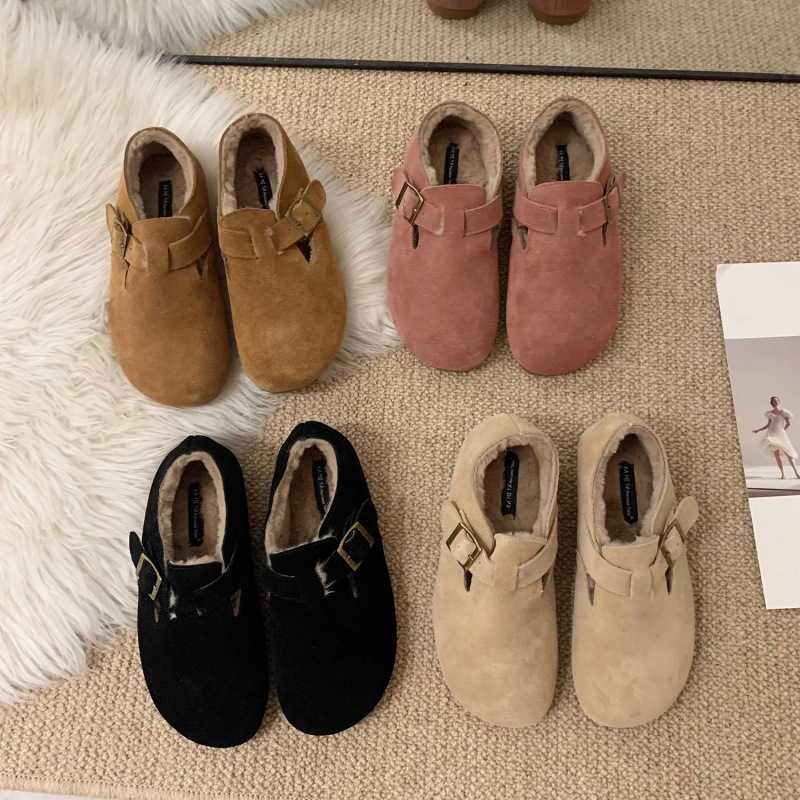 2025 slides slippers clogs Mao Shoes with Velvet Boken Single Shoes for Women Autumn/Winter Bean Shoes One Step Shoes Le Fu Shoes Leather Warm Cotton 