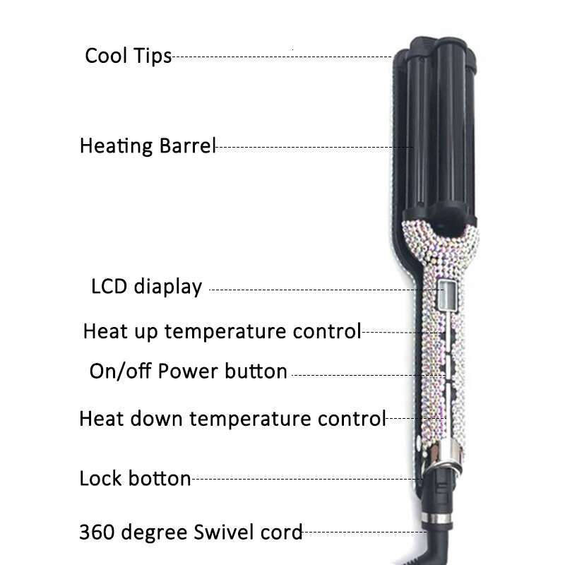 Deep Wave Crimp Rhies Temperature Adjustale Cermaic Triple Barrel Curg Iron with LCD Display for Hair Stylist